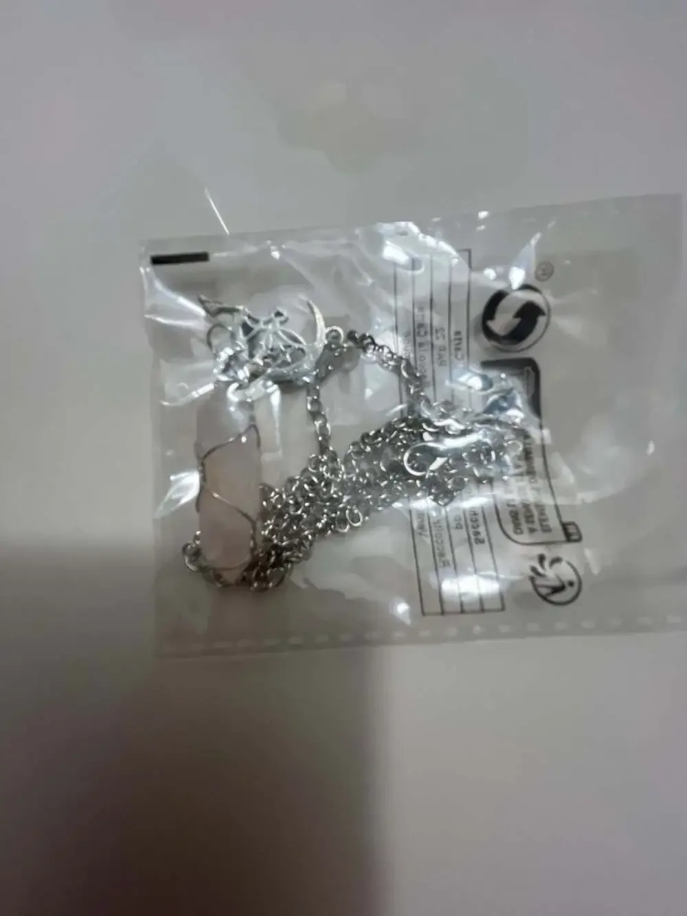 Wire Wrapped Rose Quartz Crystal and Crescent Moon Pendant Necklace